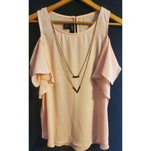 𝅺A. Byer Light Pink Shirt Top Built In Removable Necklace Sz M Flutter Sleeve